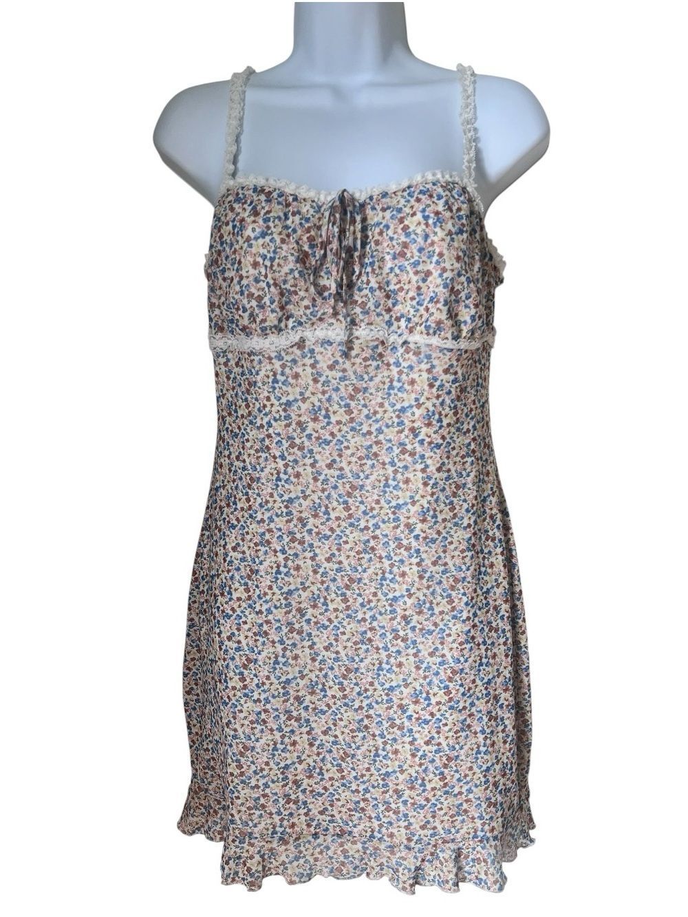 90s Cottagecore Floral Mini Lace Trim Babydoll Slip Coquette Y2K Spring Dress  L